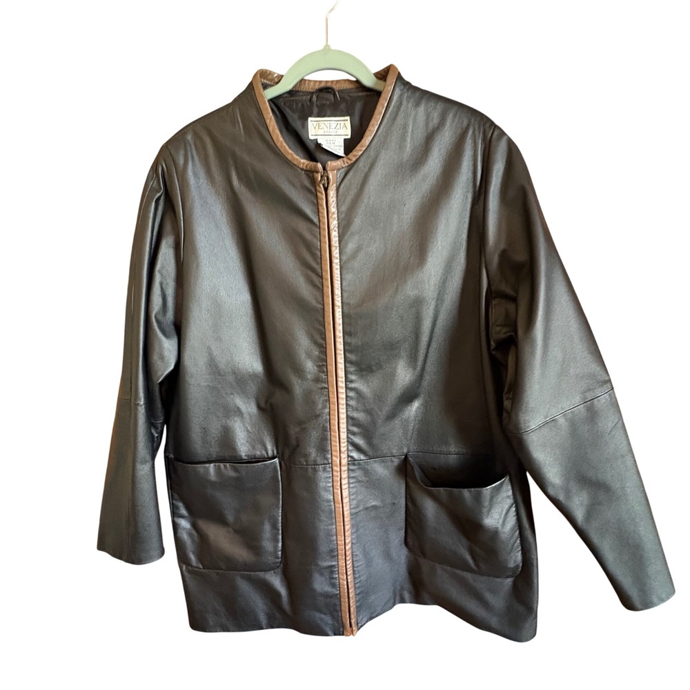 Vintage Venezia Leather Jacket Womens Size A8 XL‎ Black Zip Up Collarless EUC